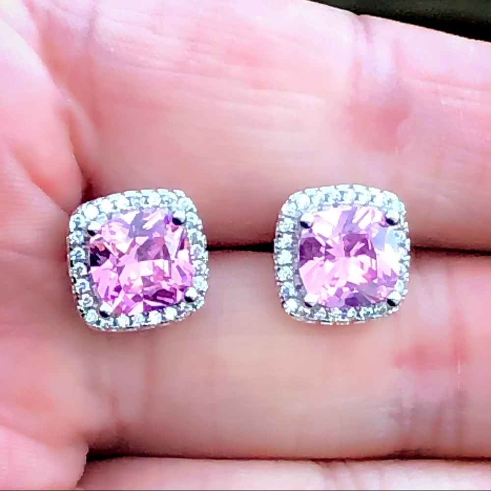 Sterling Silver Cushion Cut Pink Sapphire Zircon Diamond Halo Stud Post Earrings